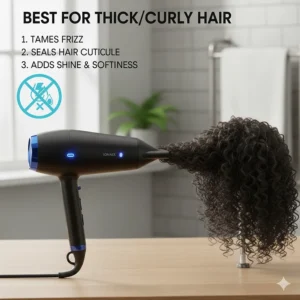 Illustration showing an ionic dryer taming frizz and sealing the hair cuticle on thick, curly hair textures.