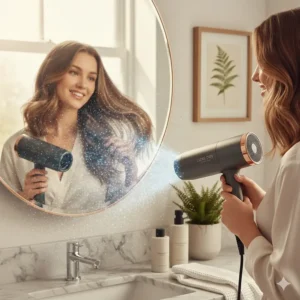 Illustration showing ionic technology reducing frizz for a smooth salon finish at home.