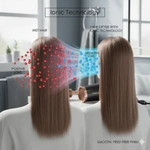 Diagram explaining how ionic hair dryer technology neutralises positive ions to reduce frizz and static for a smooth finish.