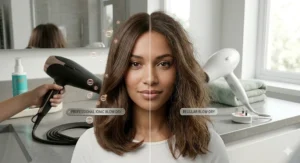 A visual comparison of a smooth, frizz-free UK blow-dry achieved with professional ionic technology versus the textured, flyaway results of a regular hairdryer.