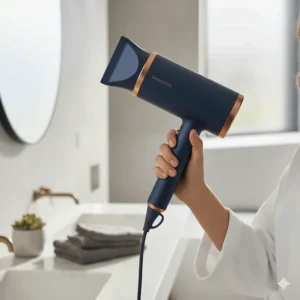 A person comfortably holding a lightweight cordless hair dryer to demonstrate ergonomic design.