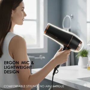 An ergonomically designed lightweight hair dryer being held comfortably to demonstrate easy styling without arm fatigue.