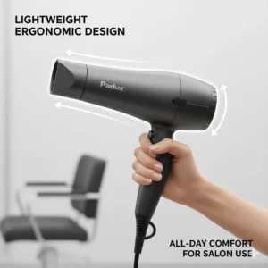 Close-up of the lightweight and ergonomic handle of a Parlux hair dryer, optimised for all-day comfort in a salon.