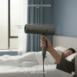 A lightweight quiet hair dryer being held easily to demonstrate ergonomic design for comfortable styling.
