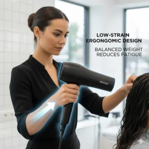 An illustration showing reduced wrist strain when using a lightweight professional hair dryer for long styling sessions.