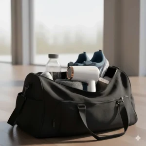 A small hair dryer tucked into a gym bag next to a water bottle and trainers, perfect for post-workout styling.