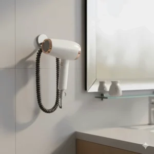 A mini hair dryer hanging from a bathroom hook by its integrated hanging loop for easy storage.