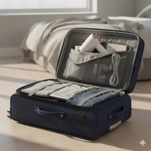 A lightweight mini hair dryer packed neatly inside a small carry-on suitcase for a weekend away.