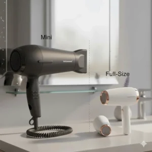 A size comparison between a standard salon hair dryer and a compact mini hair dryer.