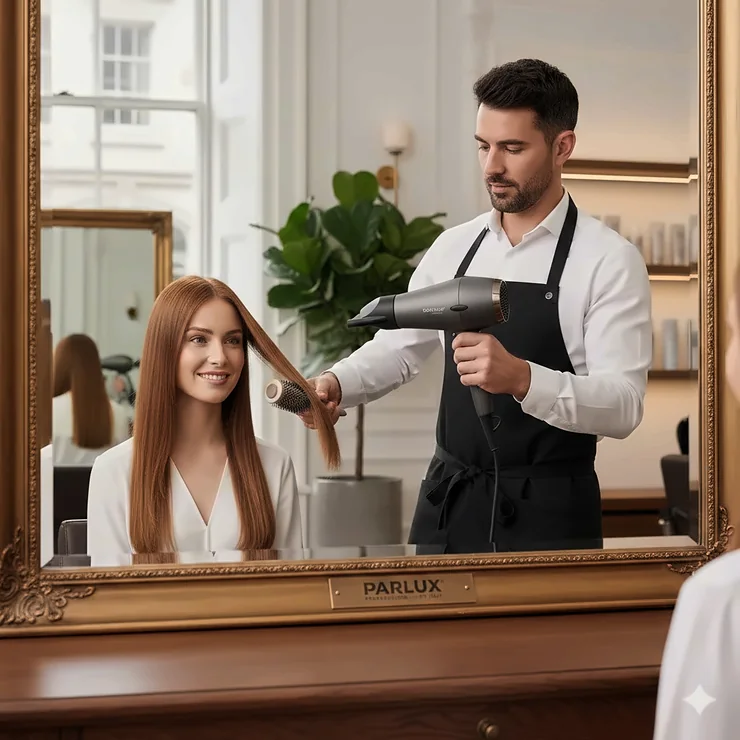 A professional stylist using a Parlux ALYON hair dryer on a client in a high-end, modern British hair salon. Parlux hair dryer