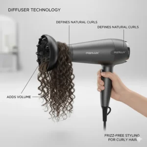 Parlux hair dryer with a large diffuser attachment, perfect for defining natural curls and adding frizz-free volume.