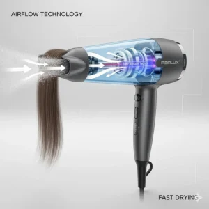 Technical diagram showing the high-pressure airflow of a Parlux hair dryer for exceptionally fast drying.