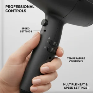 Detailed view of the professional temperature and speed switches on a Parlux hair dryer for versatile styling.