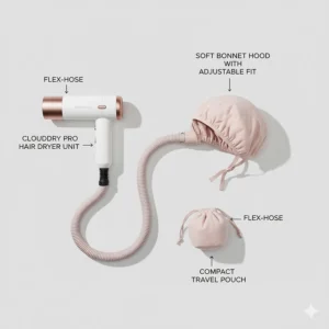 Diagram showing the components of a portable hooded hair dryer including the adjustable bonnet, hose, and storage bag.