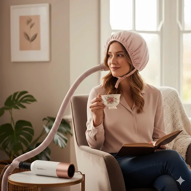 A person sitting comfortably at home using a portable hooded hair dryer with a soft bonnet attachment for deep conditioning. portable hooded hair dryer