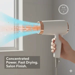 An infographic showing the concentrated airflow and heat settings of a professional-grade mini hair dryer.