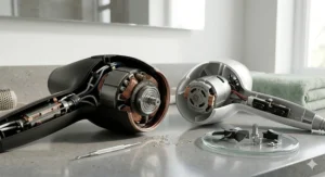 Technical breakdown showing the robust internal AC motor of a professional hairdryer contrasted with the smaller, compact DC motor found in regular domestic models.