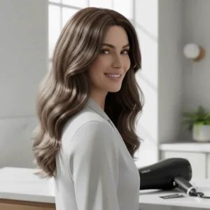 A woman with shiny, voluminous hair after using a professional hair dryer for a salon-quality blow-dry at home.