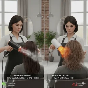 A stylist in a British hair salon using an infrared dryer to achieve a high-shine finish on a client.