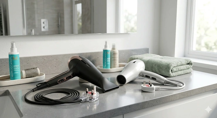 A photorealistic comparison showing a sleek professional hairdryer with a long braided cable next to a standard regular hairdryer on a modern quartz bathroom counter, both featuring British 3-pin plugs. professional vs regular hair dryer