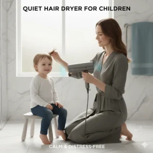 A parent using a quietest hair dryer on a toddler to provide a calm and distress-free experience.