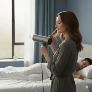 A woman quietly using a hairdryer in a bedroom while her partner remains asleep in the background.