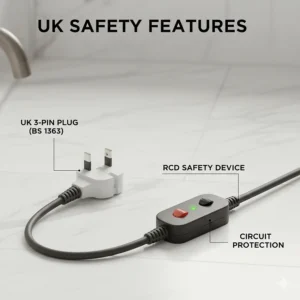 A close-up of a quiet hair dryer featuring a standard UK 3-pin plug and built-in safety circuit.