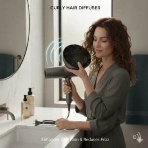 A quiet hair dryer with a diffuser attachment being used to style curly hair for better definition.