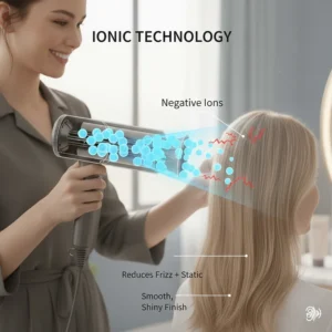 A diagram showing how a quiet ionic hair dryer uses negative ions to reduce frizz for a smooth finish.
