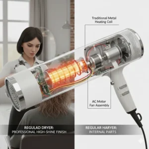 Internal view of a regular hair dryer showing the traditional metal heating coils and fan assembly.