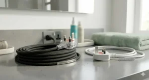 Close-up comparison of hairdryer power leads, featuring a heavy-duty 3-metre braided salon cable and a shorter white regular cable, both with British 3-pin plugs.