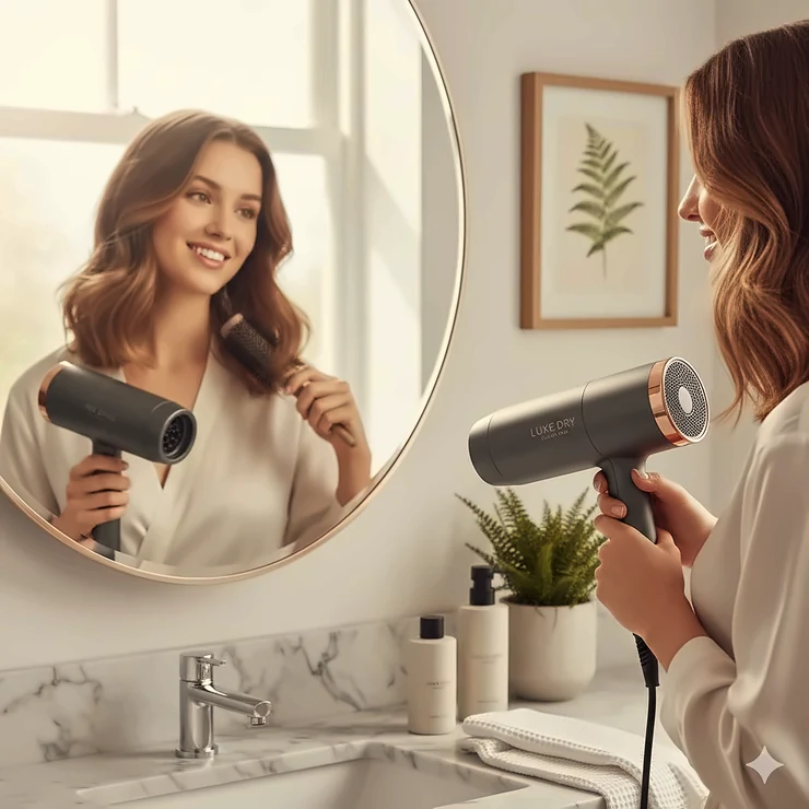 A woman achieving a professional bouncy blow-dry at home using a salon-quality hair dryer. salon quality hair dryer home use