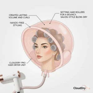 An illustration of the hooded dryer bonnet fitting over large hair rollers to set a bouncy, salon-style blow-dry at home.