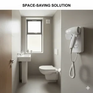 Space-saving wall mounted hair dryer neatly tucked away in a compact en-suite bathroom.