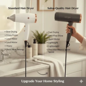 Infographic comparing standard dryers vs salon-quality models for home use results.