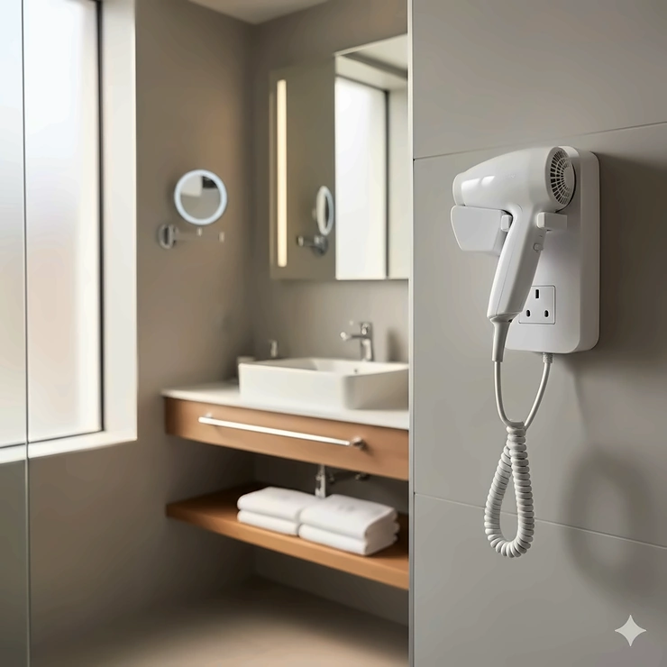 White wall mounted hair dryer with shaver socket installed in a contemporary hotel bathroom. wall mounted hair dryer