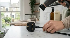 A 2000W hair dryer with a standard British 3-pin plug and a heavy-duty power cable.