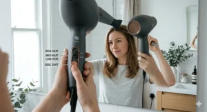 Close-up of hair dryer handle showing high, medium, and low heat settings with a cool-shot button for setting fine hair styles.
