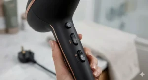 Close-up of the ergonomic handle and controls on a powerful hair dryer, featuring adjustable heat settings and a cool shot button.