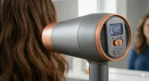 A diagram of variable temperature controls on an affordable hair dryer, highlighting the cool shot button for a frizz-free finish.