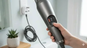 Close-up of British-plug hair dryer controls showing variable heat and speed settings for fast styling.