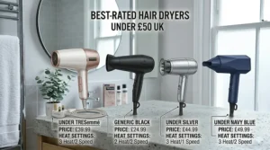 A comparison of four different hairdryers available in the UK under £50, showing various colours and prices like £39.99 and £49.99 for budget-conscious consumers.
