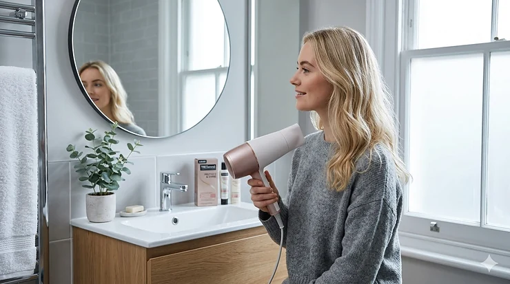 A young British woman with wavy hair uses a sleek, affordable hairdryer in a modern bathroom lit by natural sash window light, with a heated towel rail in the background. hair dryer for fine hair under £50