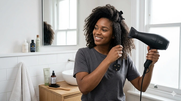 A high-performance ionic hairdryer being used to style thick coarse hair for a smooth, salon-quality finish. hair dryer for thick coarse hair