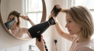 Illustration of a person using a low heat hair dryer for fine hair with a round brush to create lift at the roots.