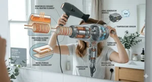 Detailed technical diagram of a hair dryer showing the internal ceramic heating element and ionic generator for fine hair protection.