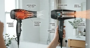 Comparison diagram showing how standard metal coils cause hot spots versus the even, gentle heat distribution of a ceramic core.