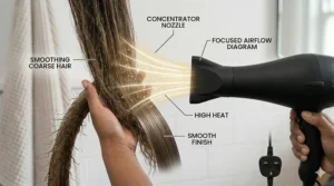 Professional slim concentrator nozzle being used to direct airflow for smoothing coarse hair sections.