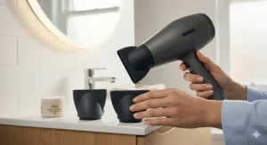 Close-up of different concentrator nozzle attachments for a dark grey hair dryer including a specific wide nozzle for styling thick hair.