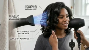 Highlighting the cool shot button used to set styles and add shine to thick coarse hair after drying.